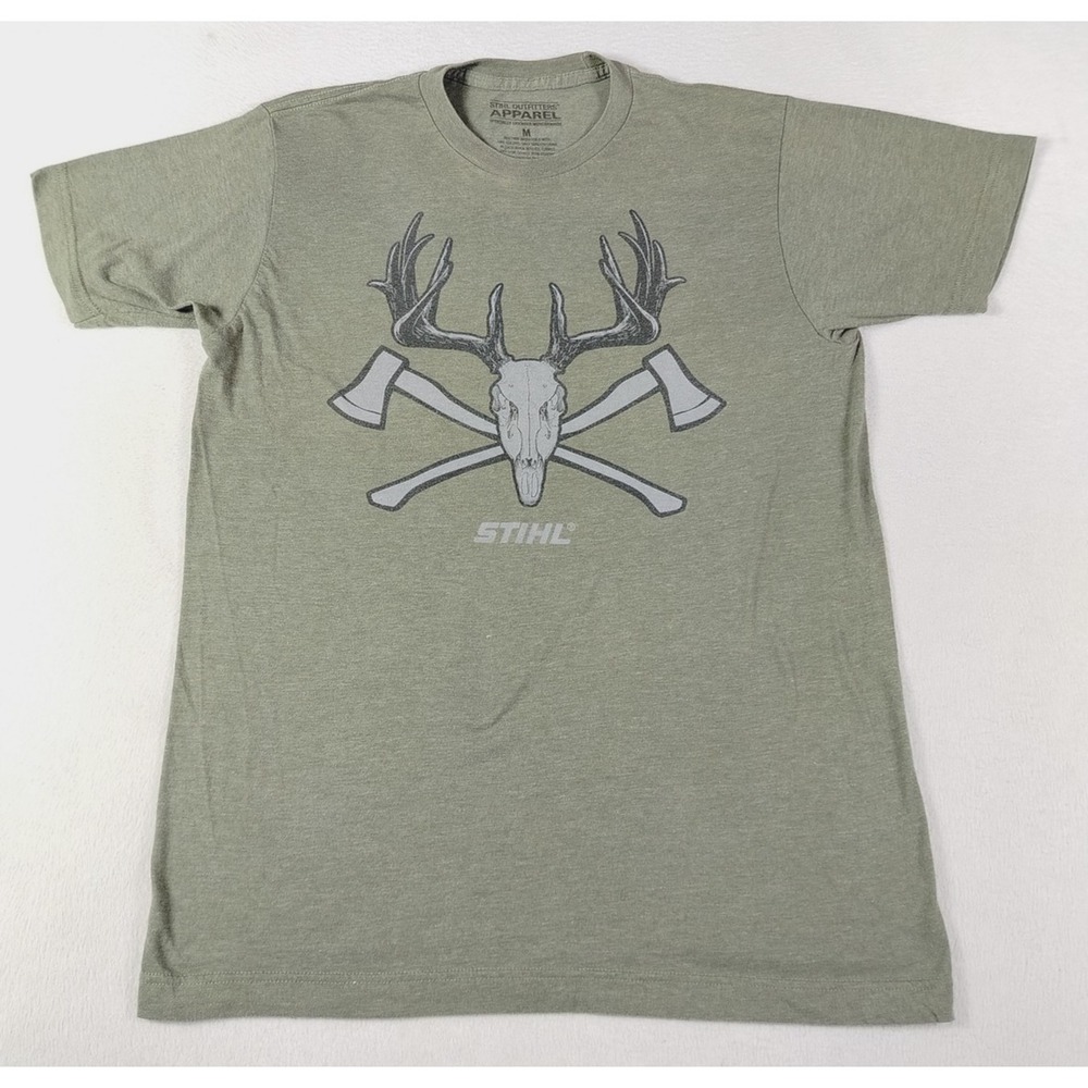 STIHL Shirt Mens Medium Green Deer Skull Axes Graphic Tee Hunting Tagless